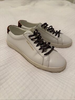 Saint Laurent White Leather Sneakers with Leopard-Print Heel and Laces